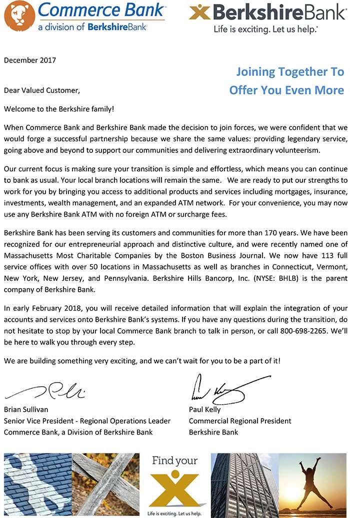 Berkshire Bank Welcome letter. For more information or help contact Berkshire Bank